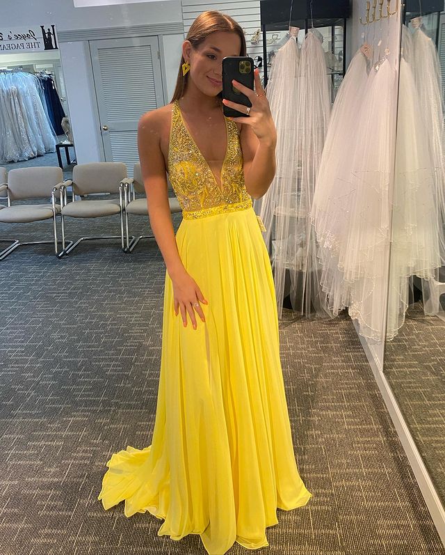Cute A Line V Neck Straps Yellow Chiffon Prom Dresses with Beading, Split Party Dresses fg3125