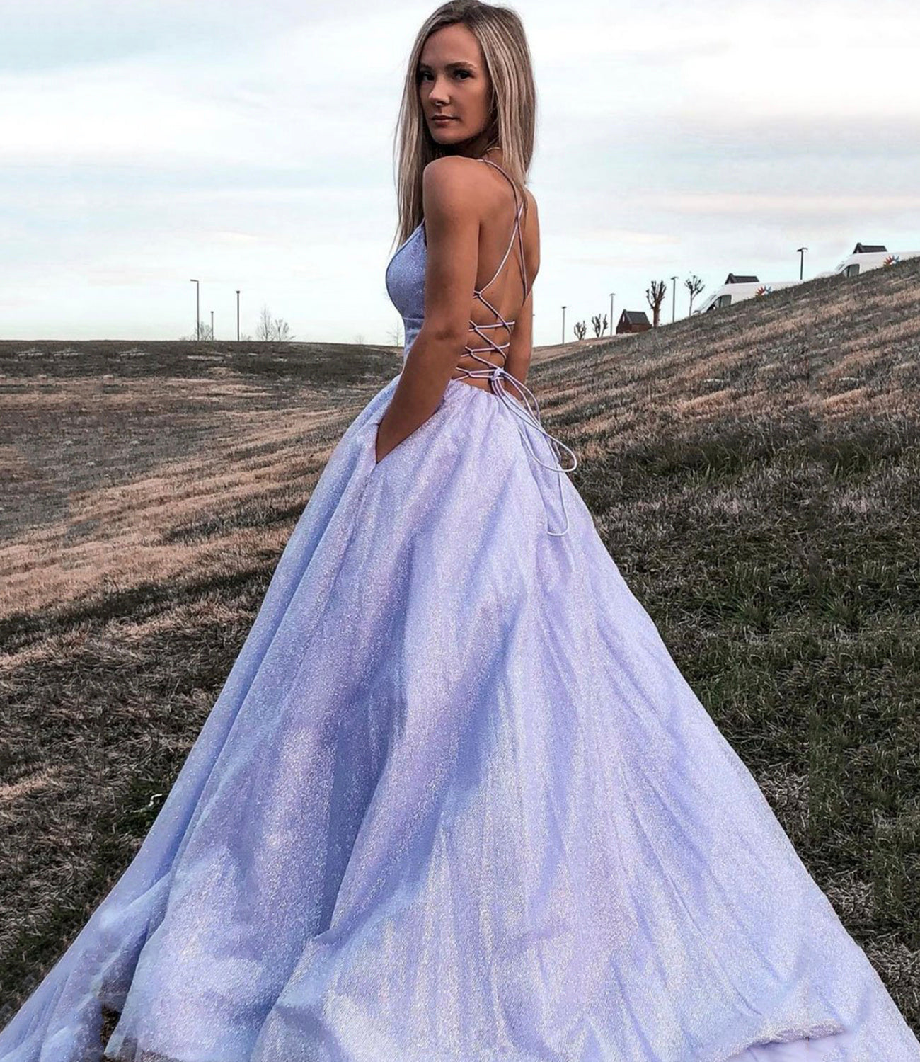 Purple tulle long A line prom dress evening gown fg3109