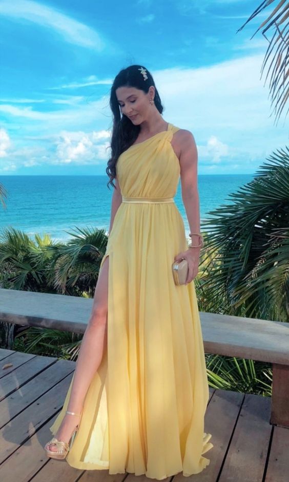 Yellow One Shoulder Long Prom Evening Dresses ,Sexy Prom Dress fg3064