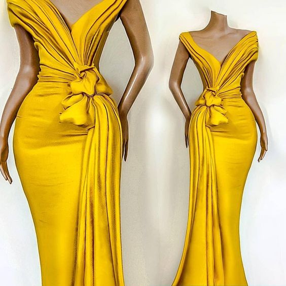 African Yellow Prom Dresses With Pleats Knoted Deep V Neck Mermaid Evening Dress Formal Celebrity Party Gowns fg2291