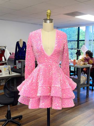 Cute pink short prom dress sequin homecoming dress fg2405