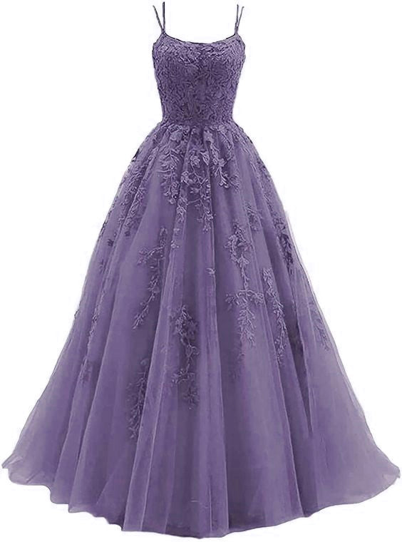 Purple Lace Appliques Dresses Long,Spaghetti Straps Tulle Prom Dresses fg2494