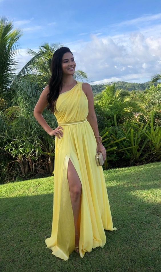 Yellow One Shoulder Long Prom Evening Dresses ,Sexy Prom Dress fg3064