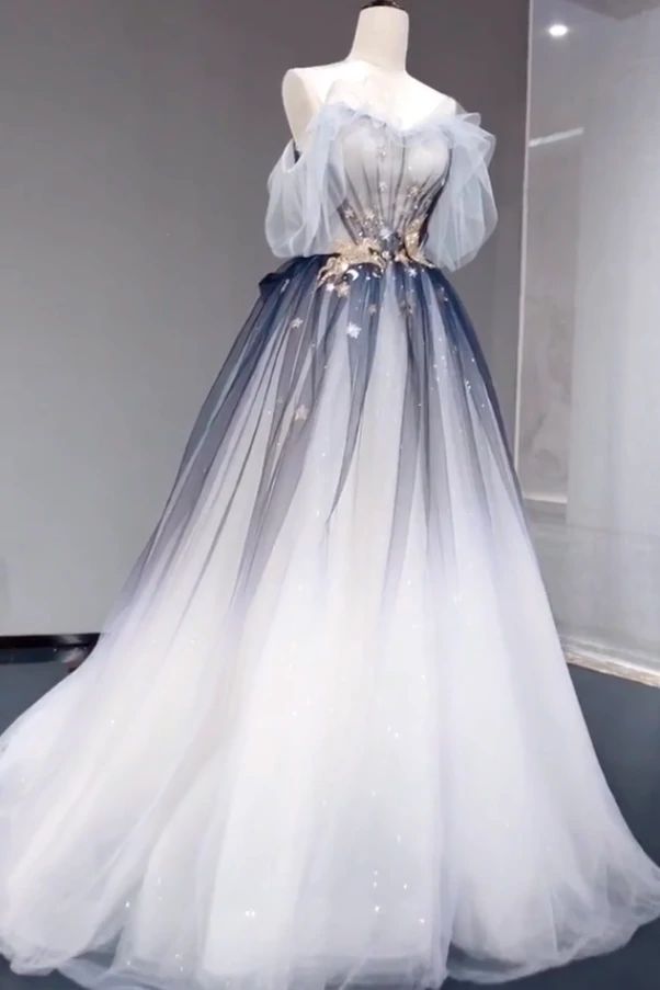 A Line Off the Shoulder Ombre Prom Dress, Long Tulle Prom Dress with Saprkles fg2489