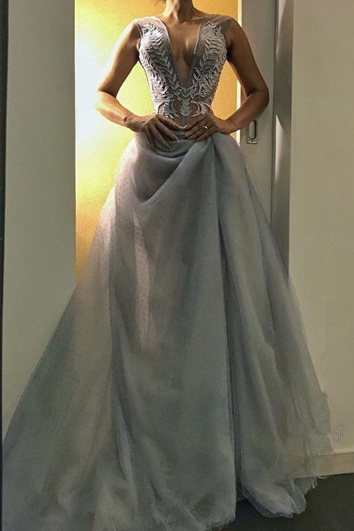 Glamorous V-Neck Long Evening Dress | Sleeveless Prom Dress fg1536