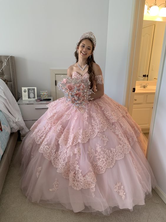 Pink lace ball gown prom dresses long evening dress fg2463
