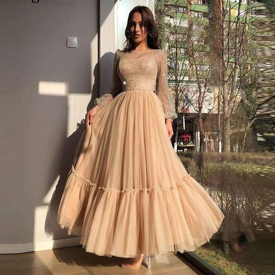 Sexy Shiny Long Sleeve Champagne A Line Elegant Tulle Prom Dress Sheer Scoop Neck Ankle Length Formal Evening Dress fg1981