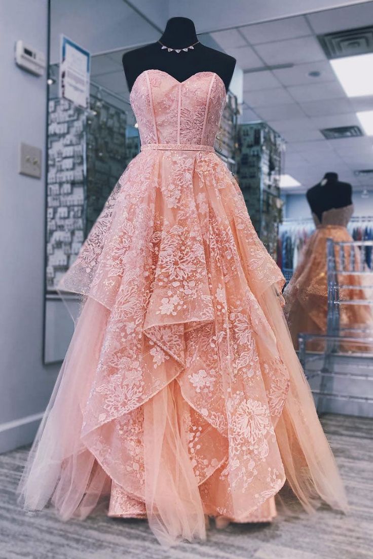 Pink sweetheart neck tulle lace long prom dress, pink evening dress fg3280