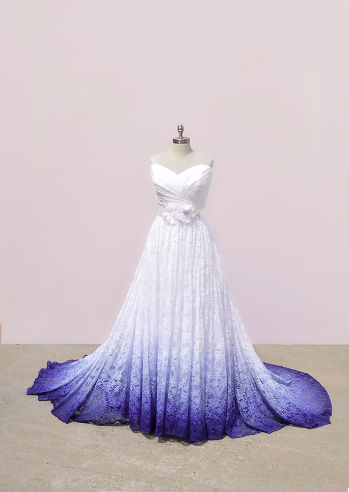 White and Purple Sweetheart Lace Wedding Dress, Ombre Wedding Dresses with Flowers fg3336