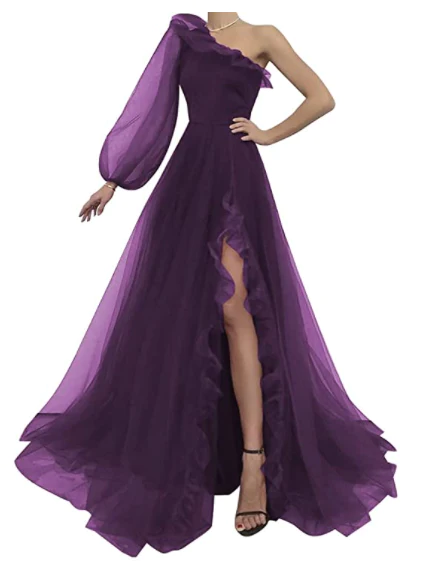 Purple tulle prom dress one shoulder evening dress fg2484
