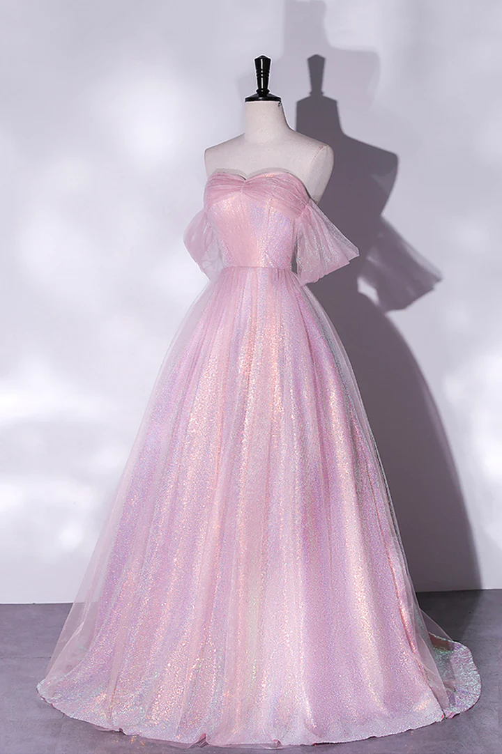 Pink Tulle Sequins Long Prom Dress, A-Line Formal Graduation Dress fg2938