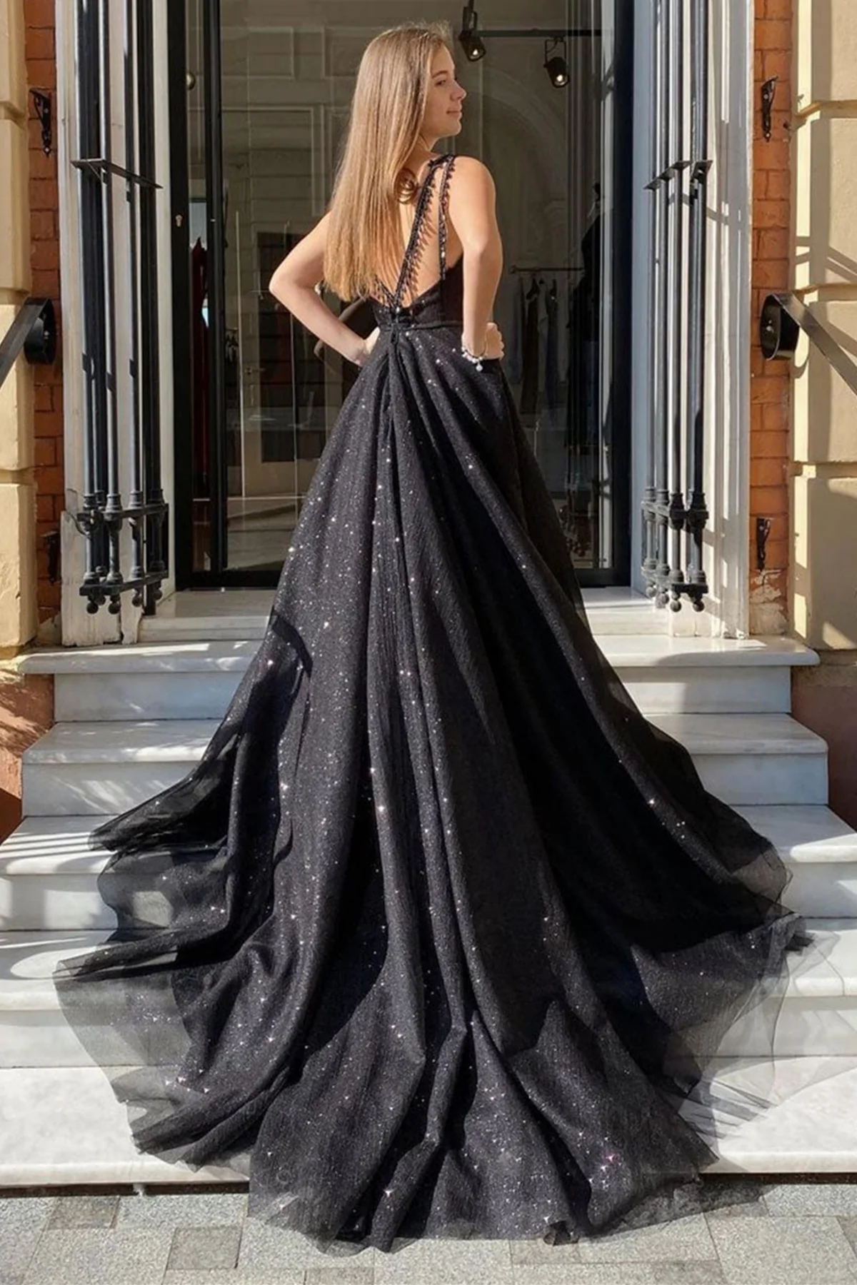 Shiny Tulle V Neck Open Back Black Long Prom Dresses with High Slit, Sparkly Black Tulle Formal Graduation Evening Dresses fg3076