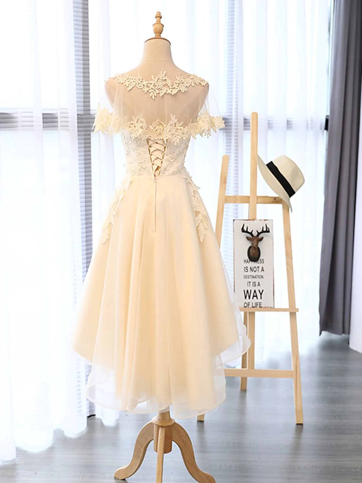 High Low Short Light Champagne Lace Prom Dresses, High Low Light Champagne Lace Homecoming Dresses, Champagne Lace Formal Evening Dresses fg2199