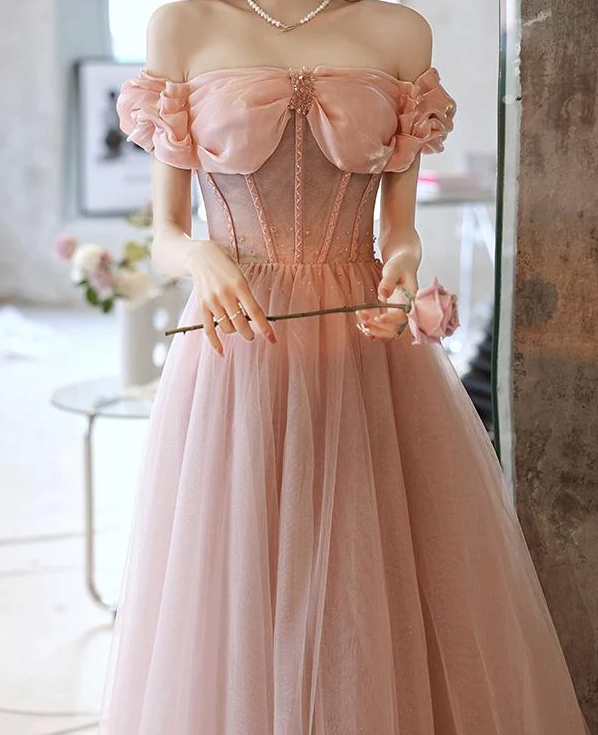 Handmade Retro Princess Off Shoulder Pink Prom Evening Dress fg1036