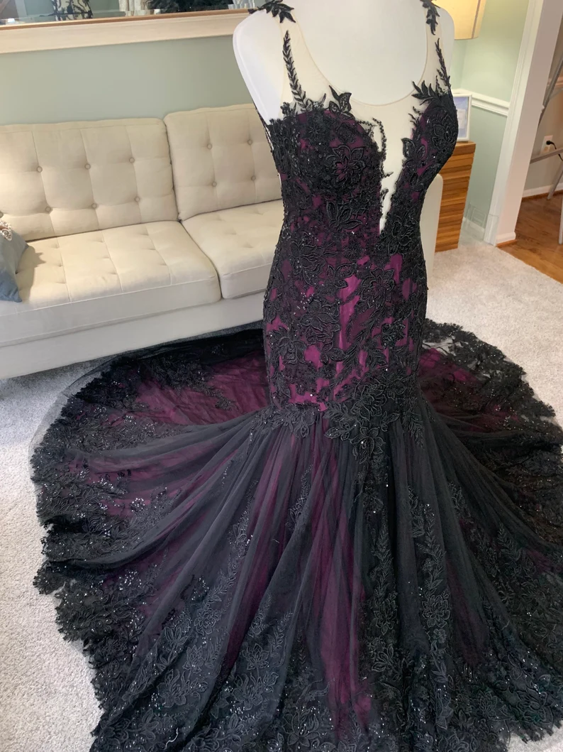 Black and Purple Wedding Dress, Gothic Wedding Dress, Trumpet Black Dress, Formal Dress fg2556