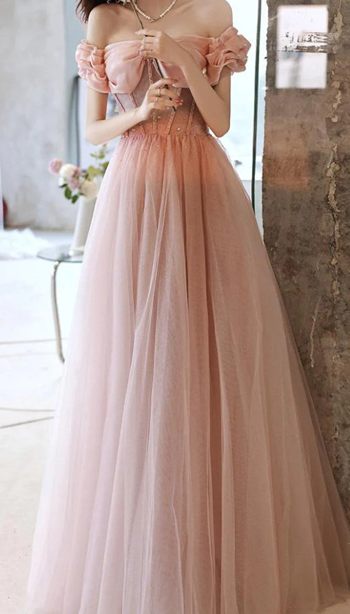 Handmade Retro Princess Off Shoulder Pink Prom Evening Dress fg1036