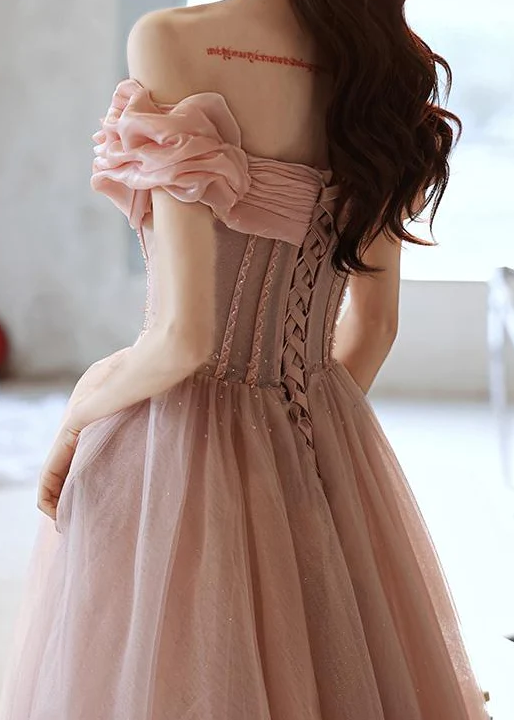 Handmade Retro Princess Off Shoulder Pink Prom Evening Dress fg1036