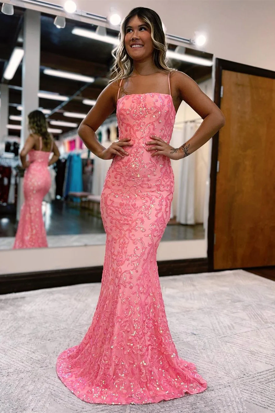 Modern Pink Long Spaghetti Straps Mermaid Prom Dress With Lace fg3186