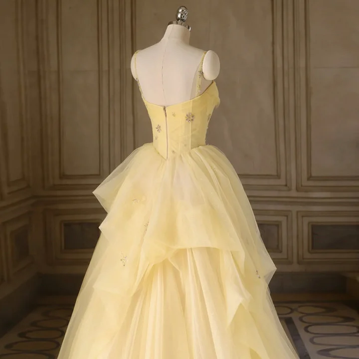 Light Yellow Tulle Long Party Dress, Yellow Tulle Prom Dress fg3284