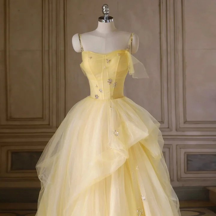 Light Yellow Tulle Long Party Dress, Yellow Tulle Prom Dress fg3284