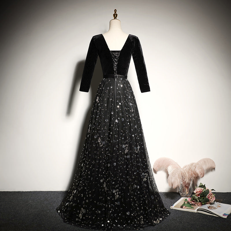 Black velvet evening dress new long-sleeved prom dress fg182