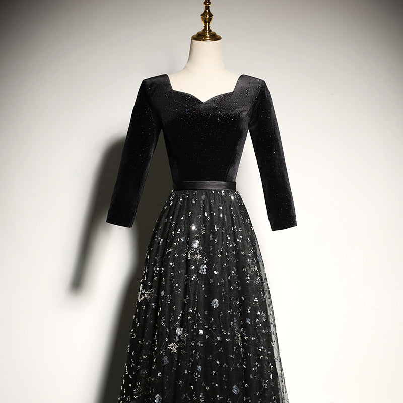 Black velvet evening dress new long-sleeved prom dress fg182