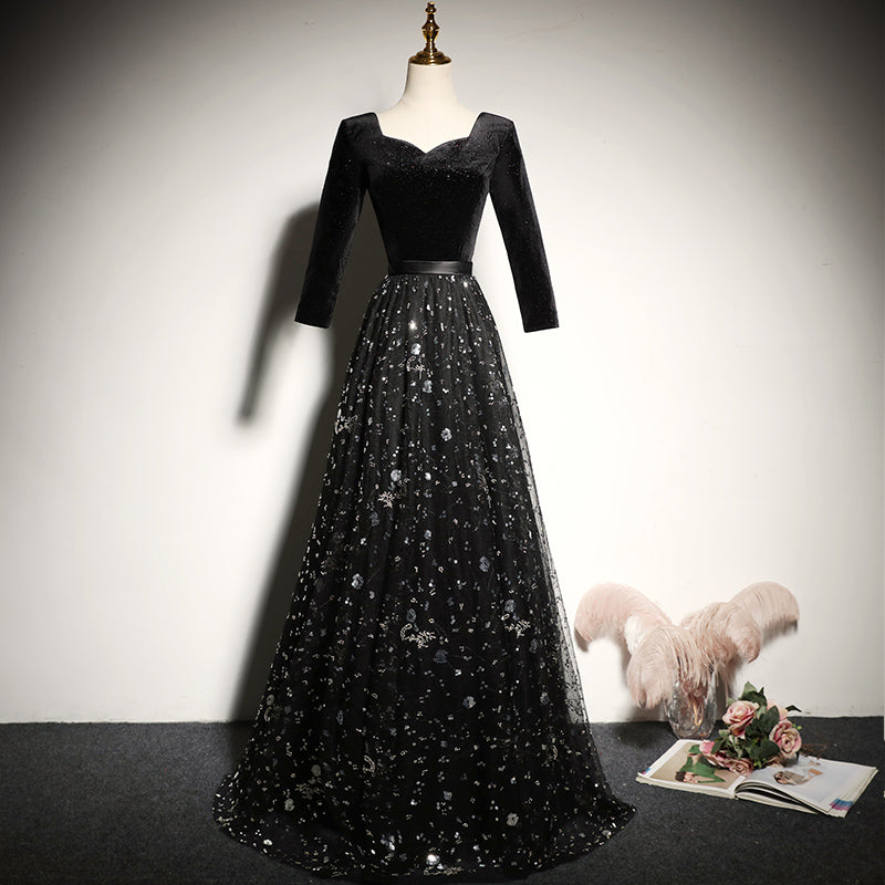 Black velvet evening dress new long-sleeved prom dress fg182