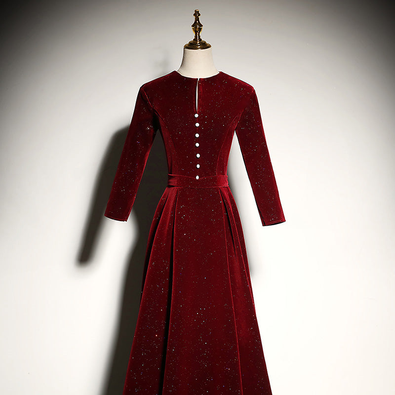 Red velvet evening dress new long-sleeved prom dress fg183