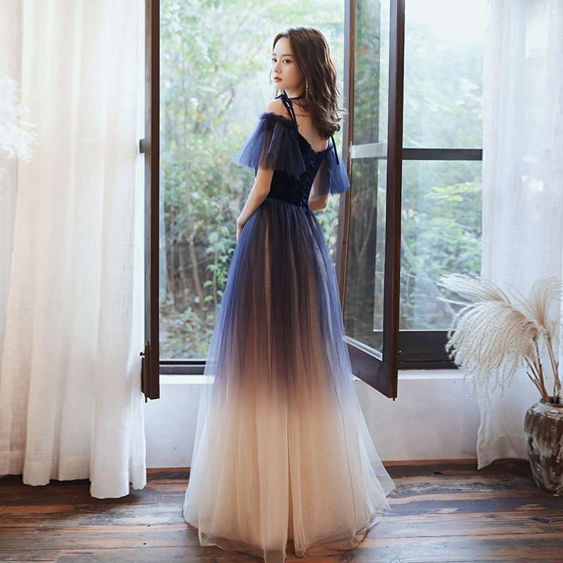 STYLISH VELVET TULLE LONG PROM DRESS EVENING DRESS fg233