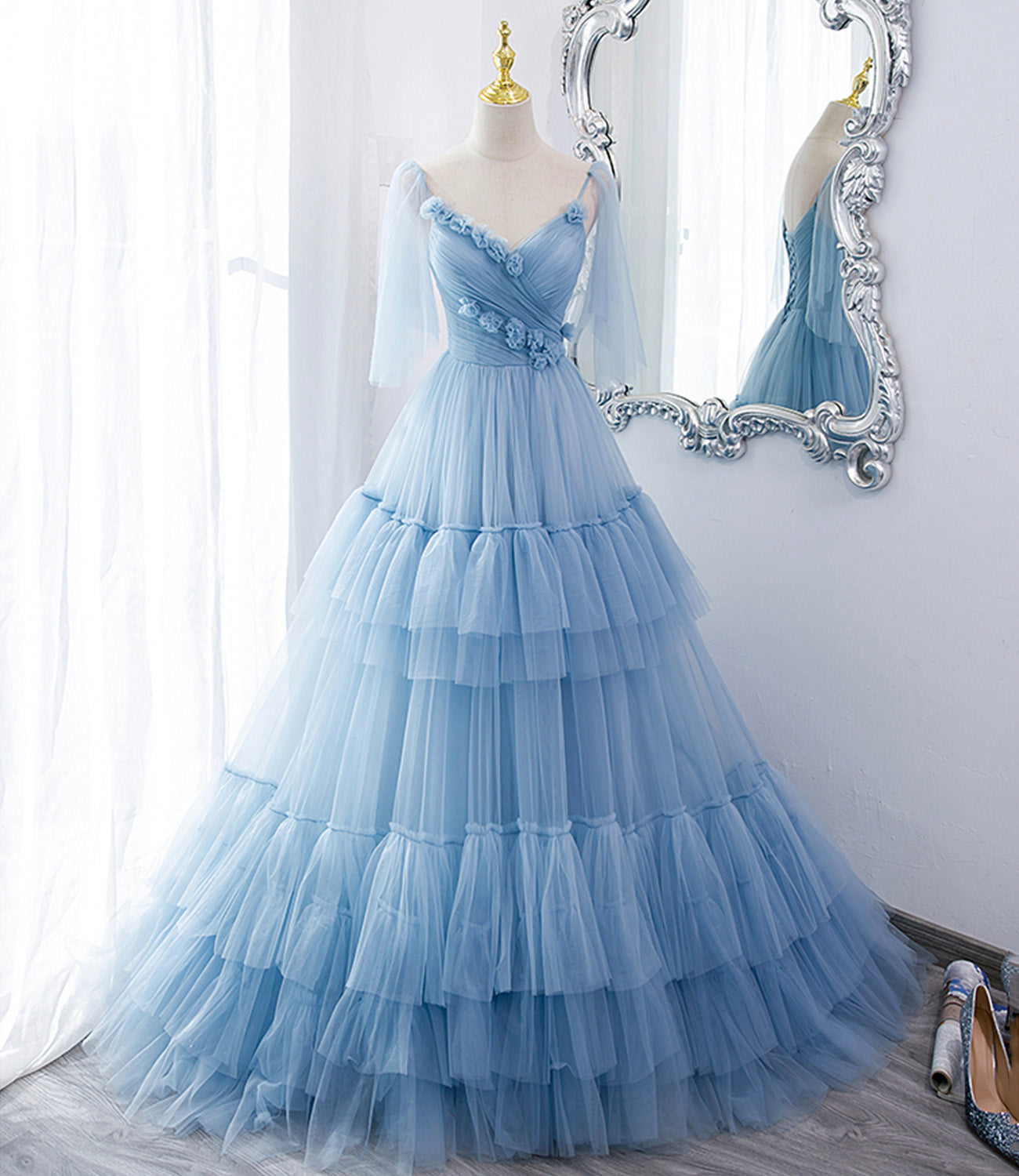 BLUE TULLE LONG A LINE PROM DRESS BLUE EVENING DRESS fg234