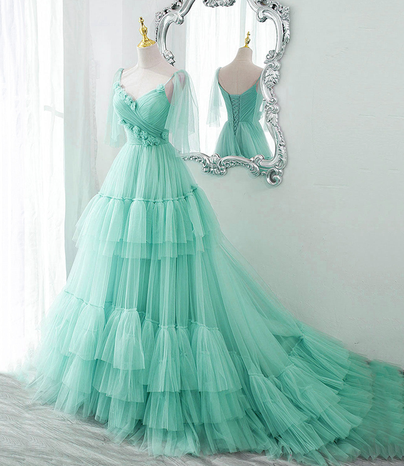 BLUE TULLE LONG A LINE PROM DRESS BLUE EVENING DRESS fg234