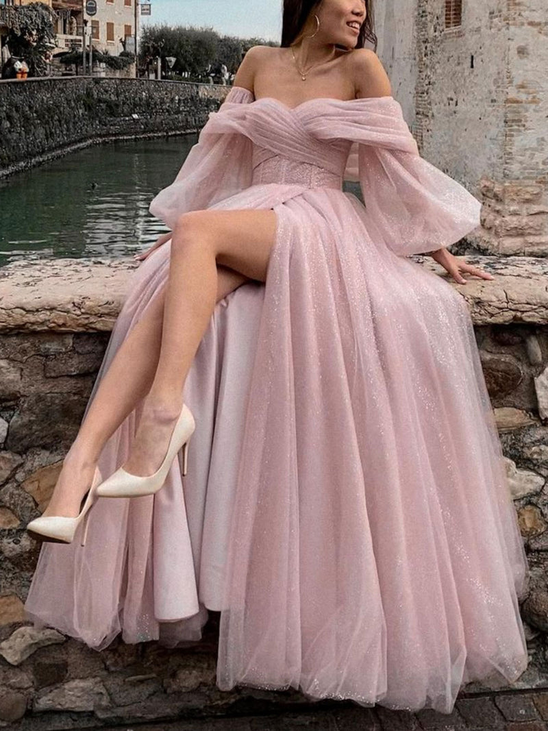 PINK TULLE LONG PROM DRESS, PINK TULLE LONG EVENING DRESS fg239