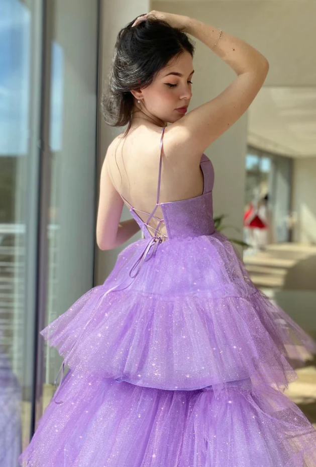 Purple tulle high low prom dress A-line evening dress fg258