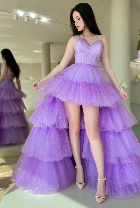 Purple tulle high low prom dress A-line evening dress fg258