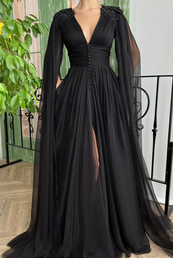 Black V-neck chiffon long prom dress A-line evening dress fg259