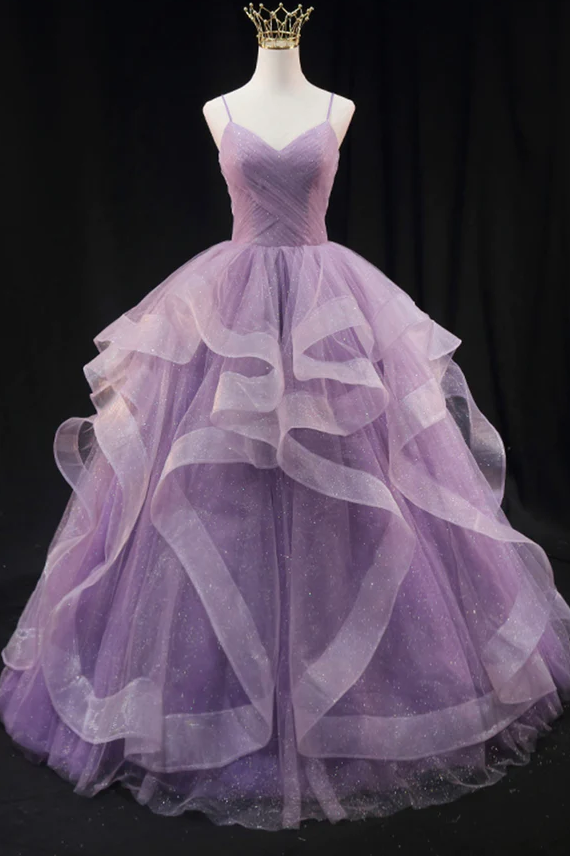 Purple tulle long prom dress A line evening gown fg267