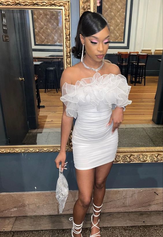 White Short Homecoming Dress With Rufflues,Sexy Hoco Dresses fg286