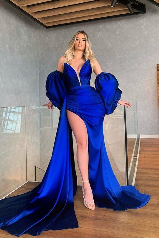 Amazing Royal Blue Removable Sleeves Mermaid Prom Dress With Slit fg394