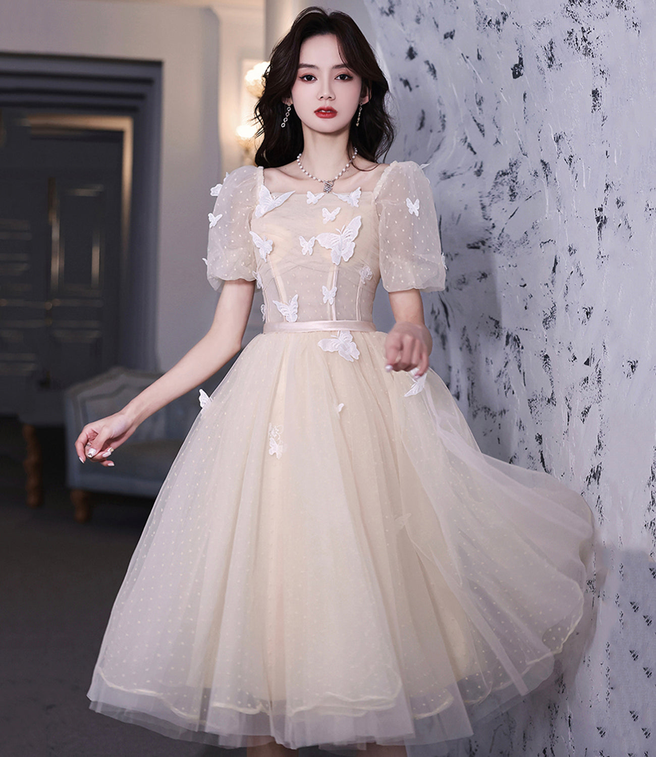 CHAMPAGNE TULLE SHORT PROM DRESS PARTY DRESS fg411