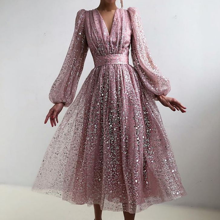 Long Sleeve V-neck High Waist Slim Dress Evening Dress Pink Prom Dresses fg419