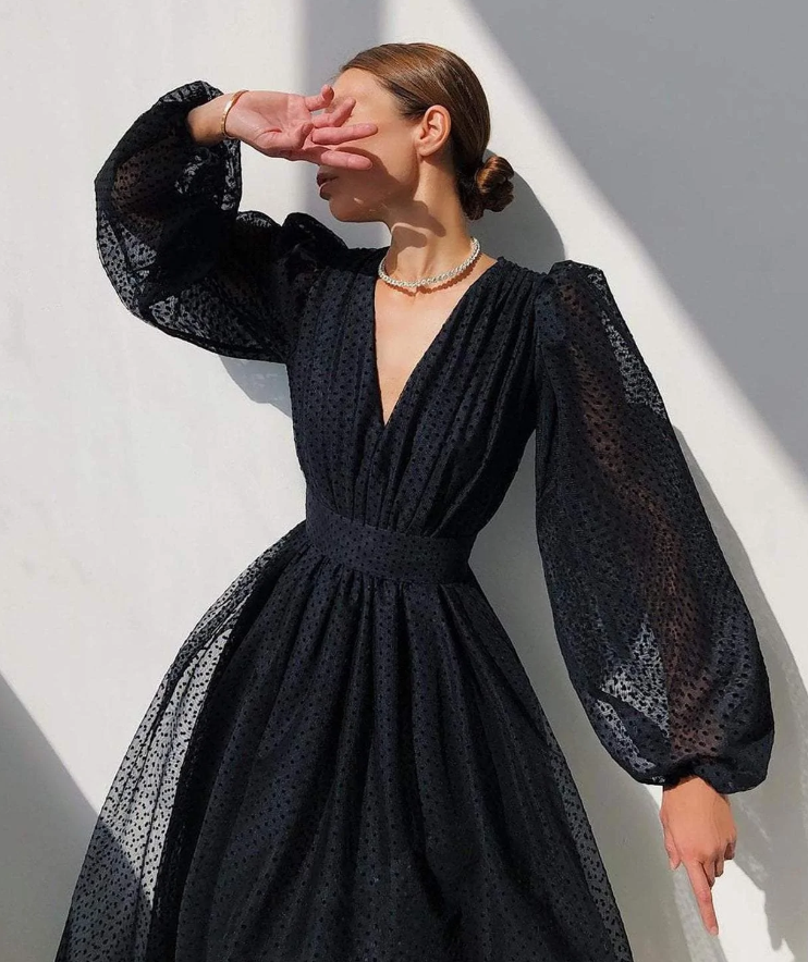V-Neck Waisted Lantern Sleeve Midi Prom Dress Long Sleeve V Neck Midi Dress fg432