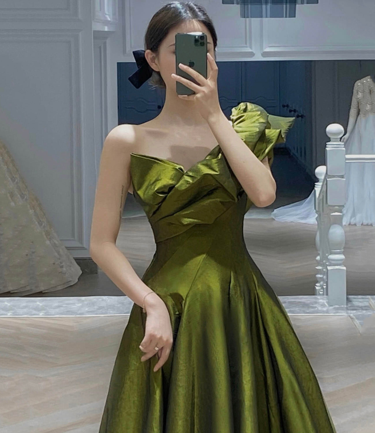 GREEN SATIN LONG PROM DRESS A LINE EVENING DRESS fg456