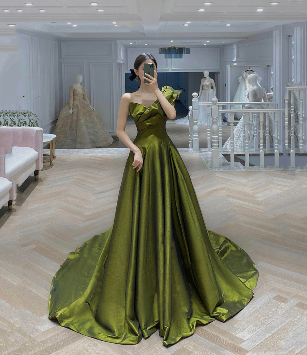 GREEN SATIN LONG PROM DRESS A LINE EVENING DRESS fg456