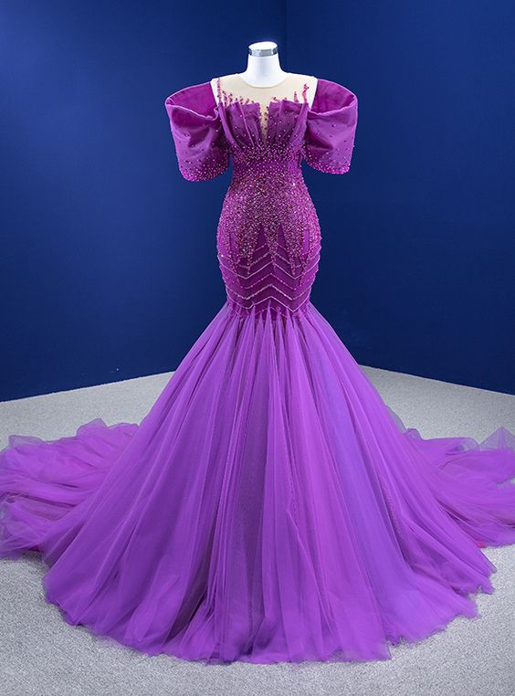 Purple Mermaid Tulle Beading Pearls Prom Dress fg457