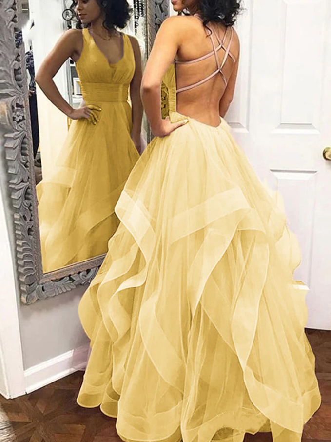 Yellow Prom Dress with Straps Formal Wear fg503
