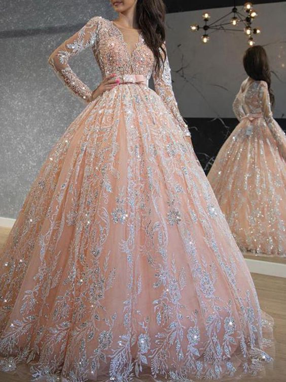 Pink Sequined Lace Ball Gown Prom Dresses Long Sleeve Formal Evening Dress fg511