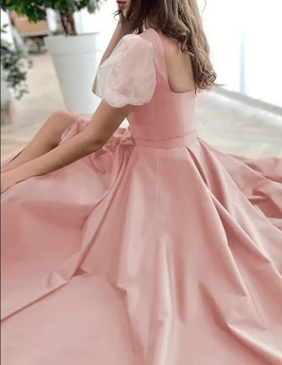 A-Line Elegant Vintage Engagement Pink Prom Dress Scoop Neck Short Sleeve Sweep / Brush Train Satin with Pleats Split fg530