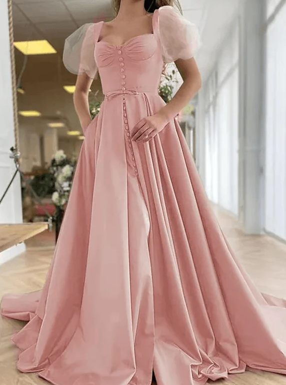 A-Line Elegant Vintage Engagement Pink Prom Dress Scoop Neck Short Sleeve Sweep / Brush Train Satin with Pleats Split fg530