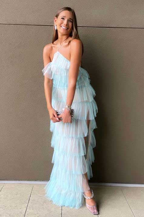 Elegant Halter Tulle Blue Prom Dress With Layers, Long Formal Evening Dresses fg536