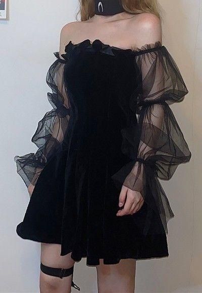 homecoming dresses Pleated Gothic Dress with Mesh Sleeves fg552
